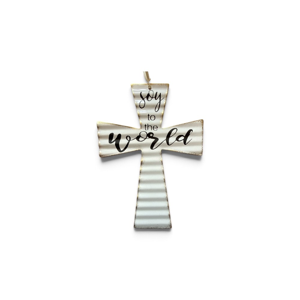 Joy to the World Corrugated Metal Cross Ornament White Distressed Farmhouse